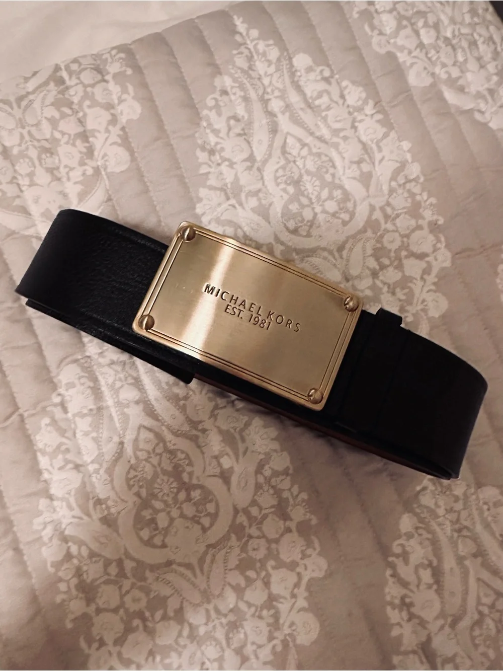 Michael Kors Black Genuine Leather Belt with Gold Plaque Buckle